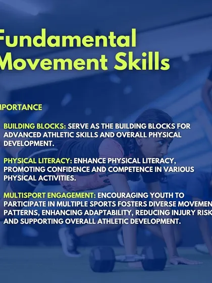 This infographic explains the importance of FMS, describing them as the building blocks for advanced athletic skills. We emphasize how they enhance physical literacy and how multi-sport participation fosters a diverse movement vocabulary.