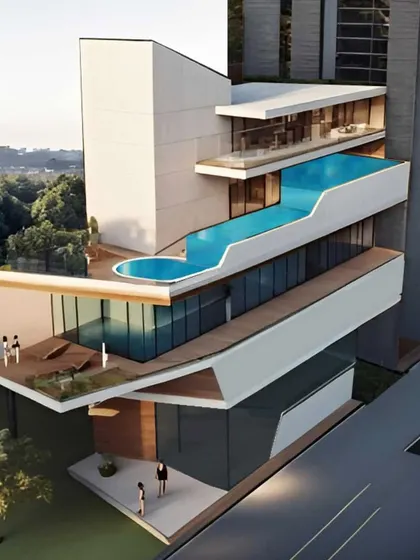 A sectional perspective of a building with a dramatic, cantilevered pool.