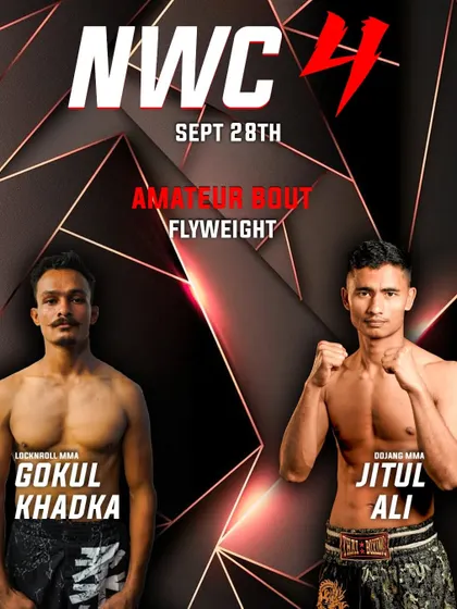 The official fight poster for Jitul Ali's amateur flyweight bout at Nepal Warrior Championship 4. We actively seek out international opportunities for our amateur fighters to build their experience.