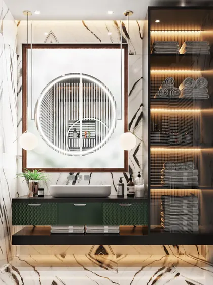A modern bathroom design featuring a mix of two marble types, a unique circular backlit mirror, and dark green cabinetry for a sophisticated and contemporary feel.
