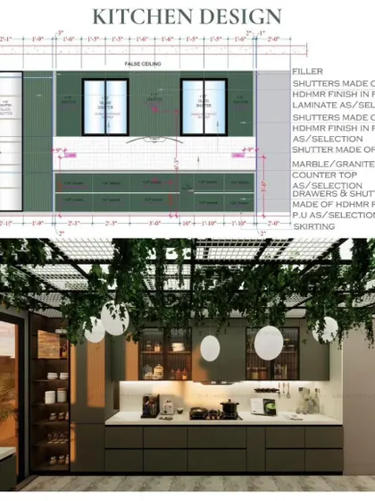 This image shows both the technical drawing and the final 3D render for a modern kitchen. I used matte olive green cabinets and a sunroof to flood the space with natural light, demonstrating how I translate precise plans into bright, airy, and functional realities.