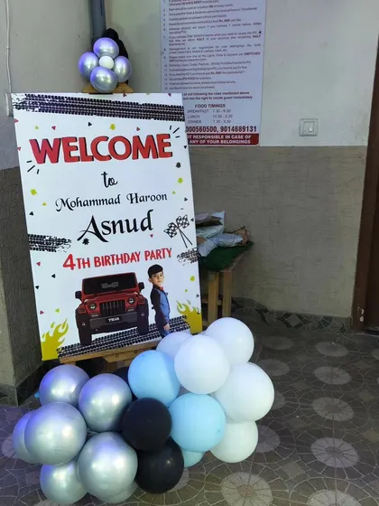 A welcome sign for a 4th birthday party with a cool Thar jeep theme.