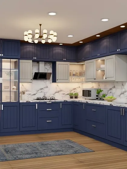 Another angle of the navy blue kitchen, showing the L-shaped layout and the combination of blue and light grey cabinets for a two-tone effect.