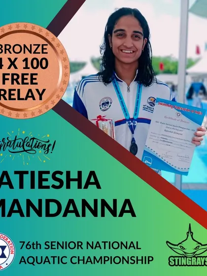 Celebrating Latiesha Mandanna's bronze medal in the 4x100 Freestyle Relay at the Senior National Aquatic Championship. Relay events are all about teamwork and consistent performance, which we drill extensively.