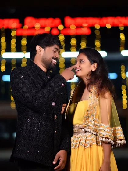 Create beautiful memories with your partner. I provide coordinated ethnic wear for couples, like this charming yellow dress and embroidered jacket, ideal for evening events or photoshoots.