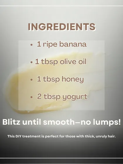 A DIY recipe for a deep conditioning banana hair mask. This treatment, perfect for thick and unruly hair, uses ripe banana, olive oil, honey, and yogurt to tame frizz and restore moisture.