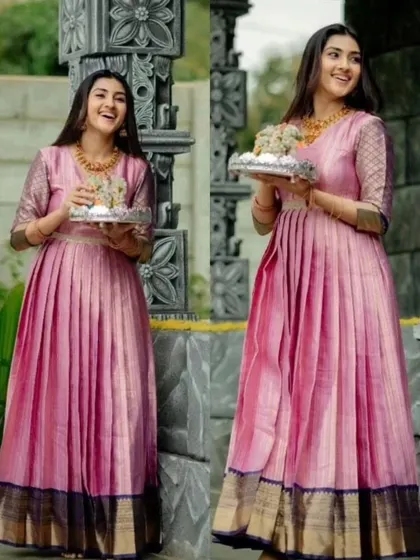 A side-by-side look at the same upcycled saree gown, showing how it looks from different angles. This highlights the consistent color and graceful fall of the pleated fabric.
