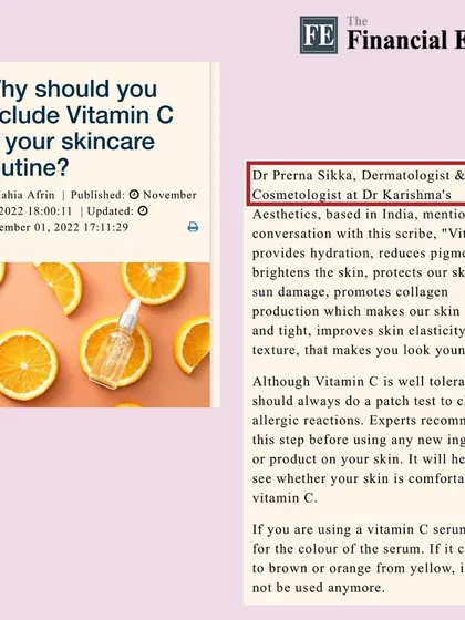 An excerpt from my Financial Express article explaining the many benefits of Vitamin C. It provides hydration, reduces pigmentation, protects from sun damage, and promotes collagen production for firmer, more youthful skin.