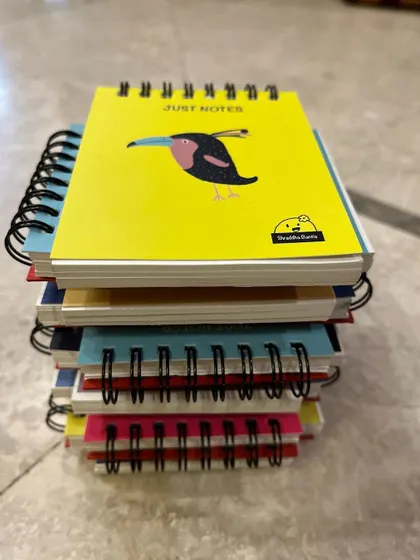 A stack of my pocket-sized notepads. With their colorful, animal-themed alphabet covers, they are easy to carry around for quick notes.