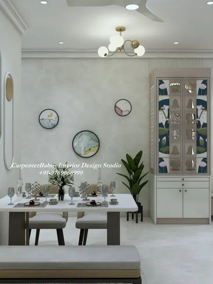 A closer look at the dining setup with a bench and chairs, next to a crockery unit with traditional Indian motifs on the doors. It's a perfect blend of modern and desi styles.
