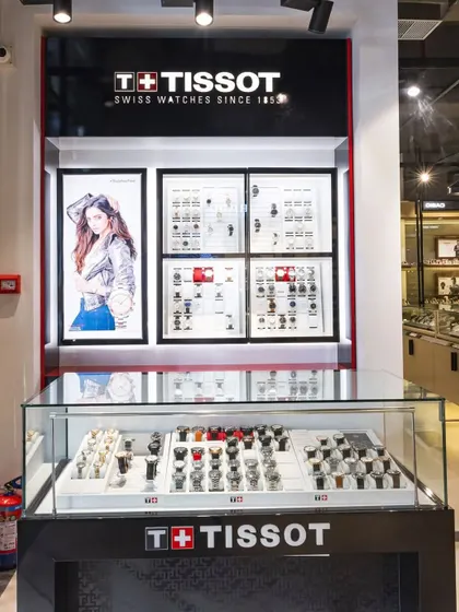 A dedicated, branded display island for Tissot watches. We create these "shop-in-shop" concepts to give prominent brands a distinct presence within the store.