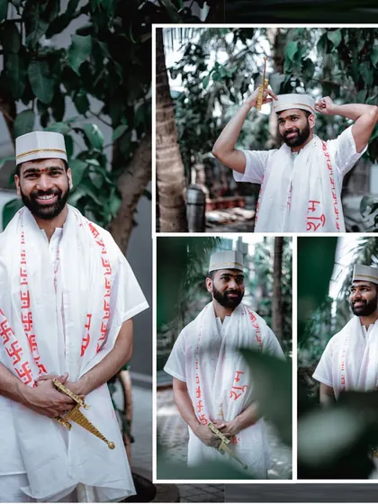A collage of the groom's Haldi portraits, showing various playful and traditional poses.