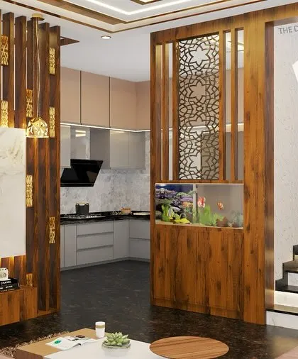 An open-concept layout shown in a 3D render, where the living room flows seamlessly into the kitchen area. A wooden partition with a built-in aquarium cleverly separates the space while adding a unique, living element to the design.