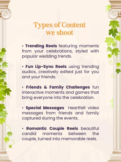 Here’s a quick look at the types of content I create for your wedding feed. From fun lip-sync videos with your friends to romantic couple reels and heartfelt messages from family, I cover all the bases to tell your complete story.