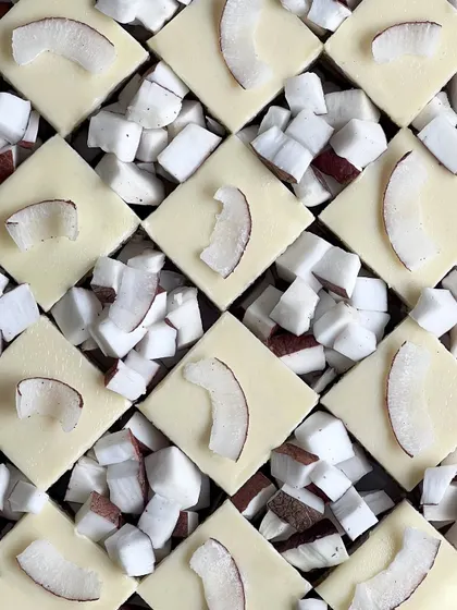 A beautiful arrangement of my coconut opera gateau. The clean white of the cake and fresh coconut slices creates a simple, elegant, and delicious treat.