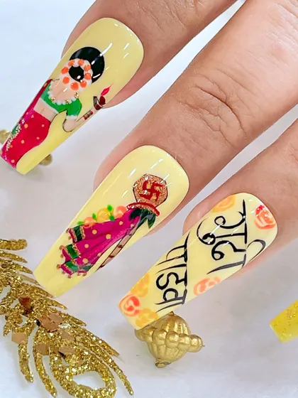 Another angle of the Gudi Padwa nail art, showcasing the vibrant colors and cultural details that make this design special.