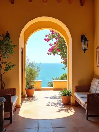 Echoing the warmth of a Mediterranean home, this sun-kissed sitting area uses an arched doorway to frame a beautiful sea view. The terracotta floors and simple wicker seating create a space that feels both open and peacefully grounded.