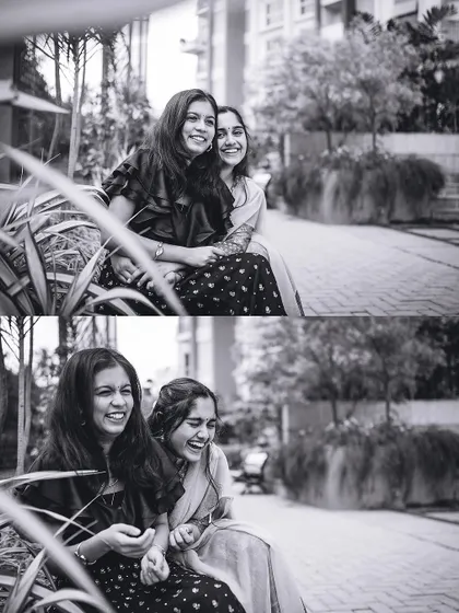 A black and white diptych of two sisters sharing a laugh on a park bench. We love capturing the special, unspoken bond between siblings.