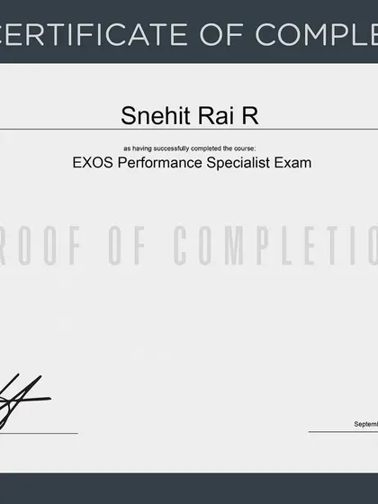 Proof of completion for the EXOS Performance Specialist course, widely regarded as one of the best educational programs for strength and conditioning coaches.