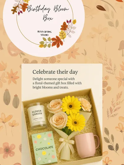 My "Birthday Bloom Box" idea, a floral-themed gift box with a candle, mug, chocolate, and a small bouquet.