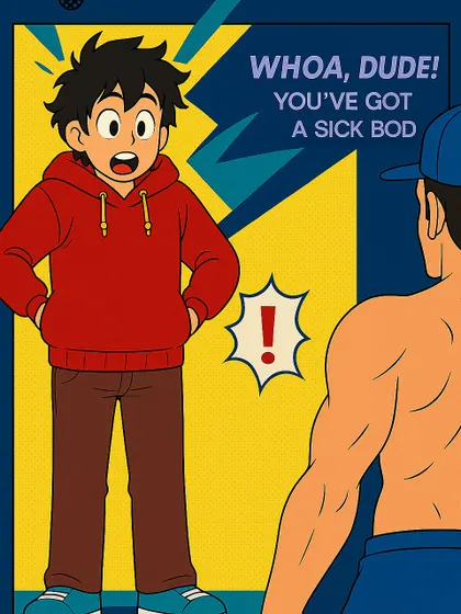 "Whoa, dude, you've got a sick bod." The second panel shows the admiration for a fit physique, setting up the common misconception about diet food.