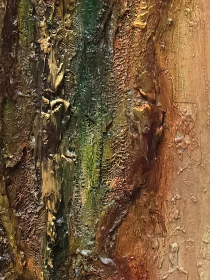 A close-up of the Wabi-Sabi piece, showing the interplay of green, brown, and gold. The textures are meant to be felt as much as seen.