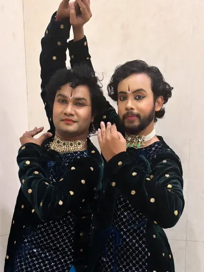 A powerful pose from a duet performance based on the Tandava Stotram. This showcases the dynamic and strong masculine energy that can be expressed through classical Indian dance.