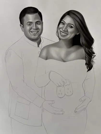 The maternity portrait, partially shaded. I often work on one person at a time, bringing them to life before moving on to the next, as you can see with the husband's face and jacket here.
