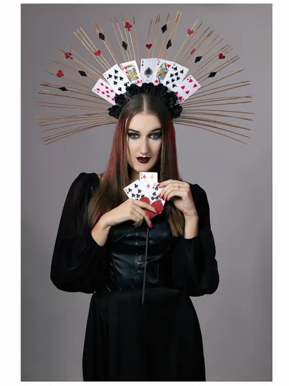 Presenting the "Queen of Cards." This creative portrait features a custom-made headpiece and a dark, regal aesthetic to build a compelling fantasy character.