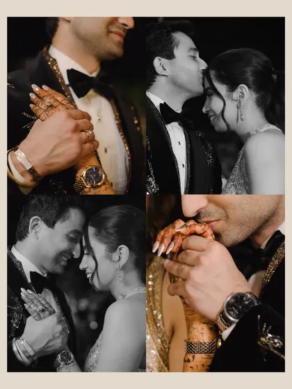 A collage of intimate black and white moments from the sangeet. These close-up shots of holding hands, kisses, and gentle embraces tell a story of deep affection.