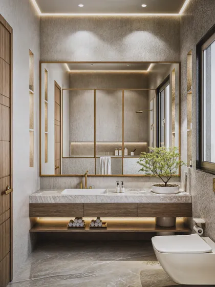 A master toilet rendered in earthy, textural materials. The floating wood vanity with a stone top is complemented by gold-framed mirrors and fixtures.
