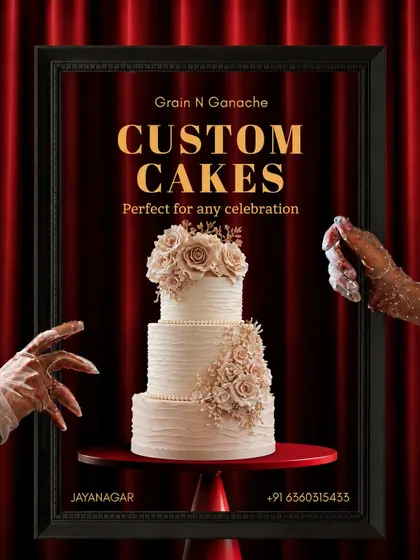 A tiered cake with floral decoration appears in our celebration-cake catalogue design, framed against a red curtain backdrop.