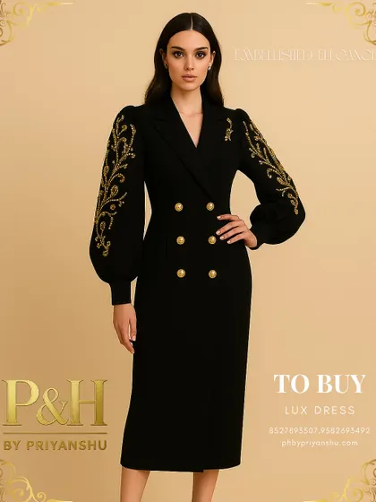 This powerful black double-breasted dress exudes timeless sophistication. The design is elevated by intricate golden pearl embroidery on the statement puff sleeves, creating a look of opulent authority and refined glamour, perfect for any high-end event.