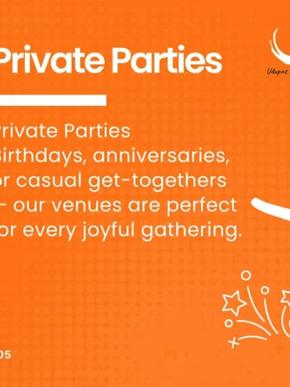 A promotional graphic highlighting our services for private parties. Our venues are perfect for birthdays, anniversaries, and casual get-togethers, providing a joyful setting for every gathering.