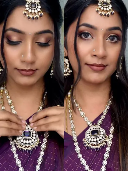 A showcase of a beautiful brown smokey eye look paired with a stunning purple and white stone jewelry set. This is a perfect combination for a wedding reception.