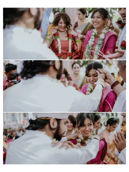 A triptych capturing the emotional moments of the 'kanyadaan' and other blessings from family members.
