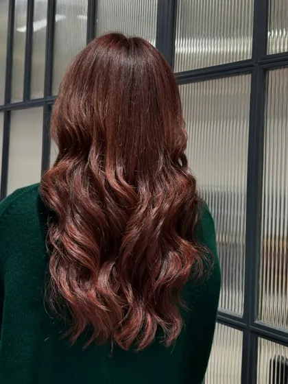 A beautiful, rich, reddish-brown color refreshed with Redken Shades EQ. The tone is warm and vibrant, and the hair looks incredibly healthy.