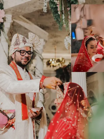 The Sindoor ceremony is a deeply significant ritual. We capture this moment with a tight, emotional focus, showing the groom applying the sindoor as the bride closes her eyes, creating a powerful and timeless image.