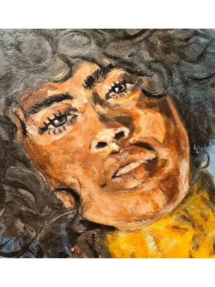 Another close-up of the gouache portrait, showing the details around the eyes and nose.
