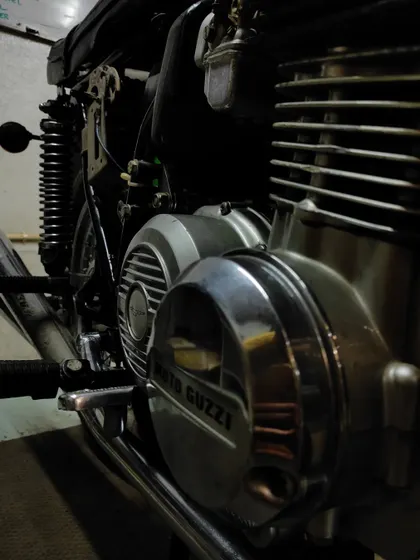 Another angle of the Moto Guzzi's engine, showcasing its distinctive design.