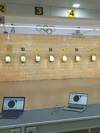 A clear view of the fully prepared 10m shooting range at my Punjabi Bagh facility. Each lane is equipped with electronic targets and set up according to ISSF regulations, ready to host a successful championship.