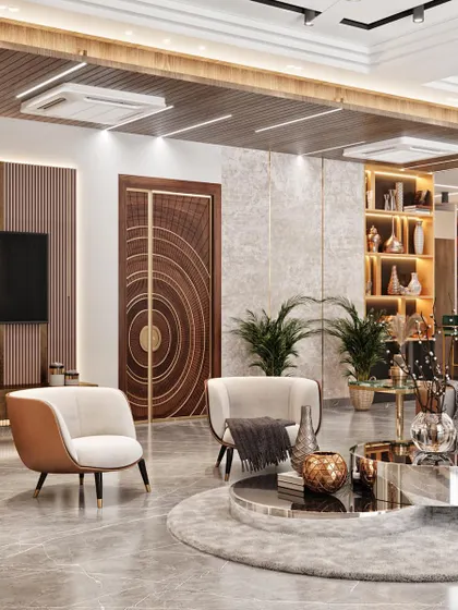 A view of the open-plan living area, highlighting the intricately designed main door and its relationship to the seating arrangement.