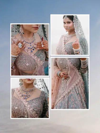A collage focusing on the intricate details of a bride's jewelry and lehenga, capturing the craftsmanship of her wedding day look.
