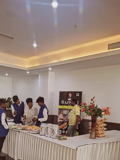 My team setting up a live pani puri and chaat counter. We handle the entire arrangement, ensuring everything is hygienic and ready for your guests to enjoy their favorite snacks.
