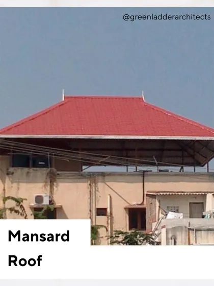 This image shows a Mansard Roof, a four-sided design with a double slope on each side. This style is not only aesthetically unique but also allows for the creation of extra living space or an attic within the roof.