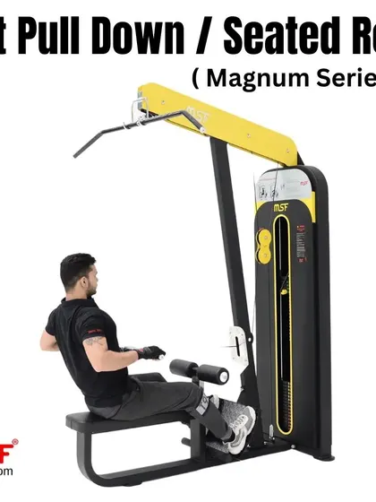 A user demonstrates proper form for the seated row on the Magnum Series machine.
