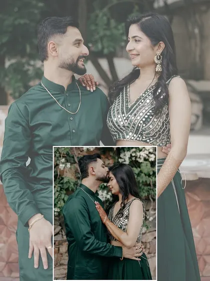 A creative collage combining a full portrait with an intimate close-up of a forehead kiss, telling a story of love and affection.