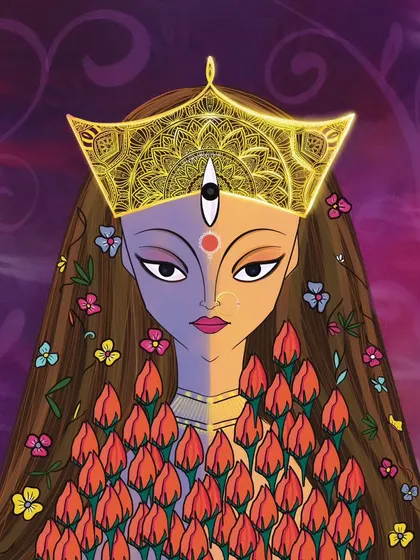 The serene half of the Durga portrait, with a warm, gentle background and flowers in her hair.