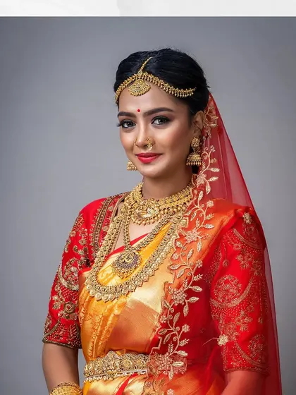 For a touch of modern elegance, a sheer red embroidered veil can be added to the traditional yellow muhurtham saree.