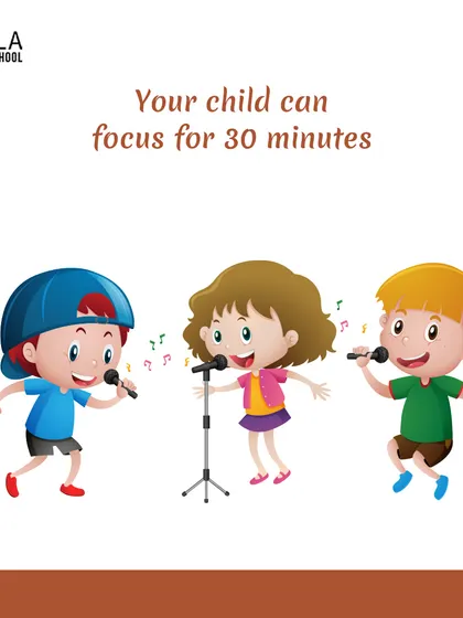 An illustration of three children singing. A key sign that a child is ready for singing lessons is their ability to focus for about 30 minutes, which I help them develop.